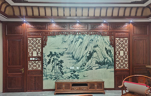 福州中式仿古别墅客厅背景墙花格木作装饰